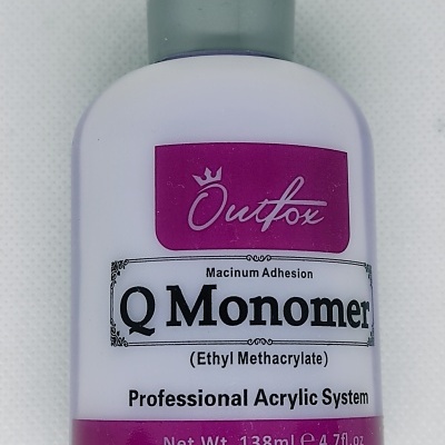 Frasco branco de Q Monomer com rótulo roxo e tampa cinza