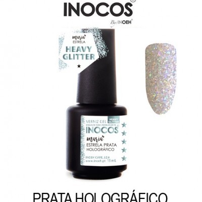 Verniz gel INOCOS prata holográfico com glitter holográfico