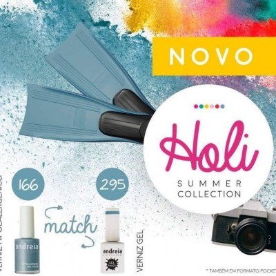 Dois vernizes 'andreia' azul e branco com texto promocional em fundo colorido e uma câmara fotográfica