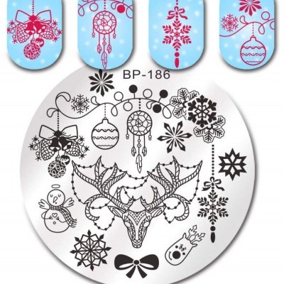 Disco metálico com estampas de Natal e amostras em azul claro com desenhos em vermelho.