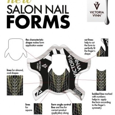 Formas para unhas Victoria Vynn SALON NAIL FORMS com gráficos e texto explicativo.