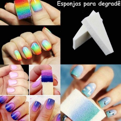 Esponjas triangulares brancas para aplicar gradiente em unhas com exemplos coloridos e texto explicativo