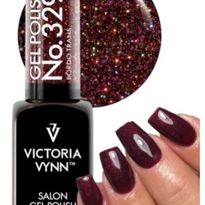 Esmalte gel Victoria Vynn No. 329 Bordo Trans com glitter em unhas bordô