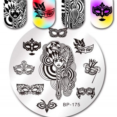 Placa de carimbos para unhas com desenhos de máscaras e figura feminina estilizada em preto sobre fundo branco, código BP-175.