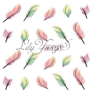 Desenhos de penas coloridas em fundo branco com texto Lily Nails N731