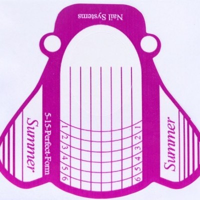 Forma para unhas descartável roxa com textos em branco