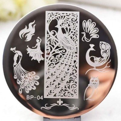 Placa metálica redonda para carimbos de unhas com vários desenhos brancos