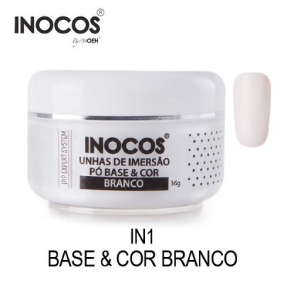 Frasco branco de pó para unhas INOCOS BASE & COR BRANCO com amostra da cor branca.
