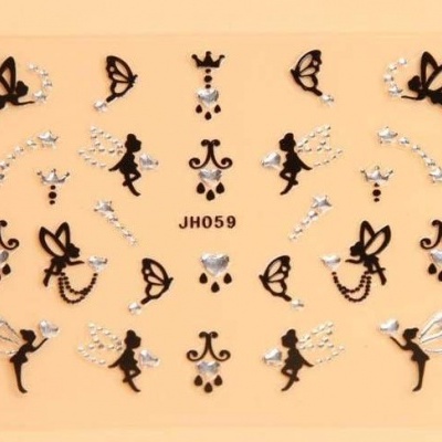 Adesivos decorativos para unhas com fadas, corações, borboletas e coroa em preto e branco com strass