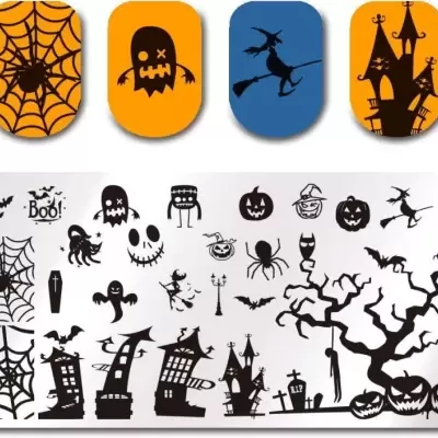 Placas decorativas de Halloween com aranhas, abóboras, casas assombradas, morcegos e teias de aranha