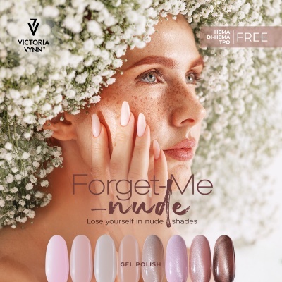 Publicidade de verniz gel nude da marca VICTORIA VYNN com seis tons exibidos e rosto feminino com flores brancas