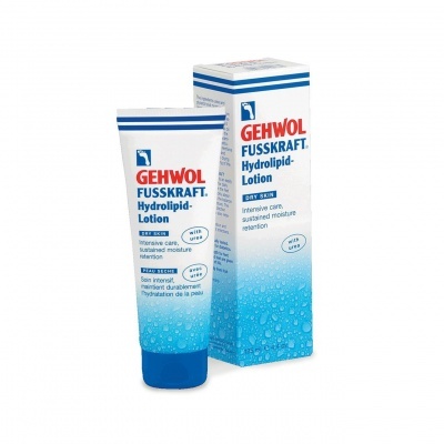 Creme GEHWOL FUSSKRAFT Hydrolipid-Lotion em bisnaga azul branca ao lado da sua caixa