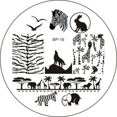 Desenhos em preto de animais e padrões numa imagem circular