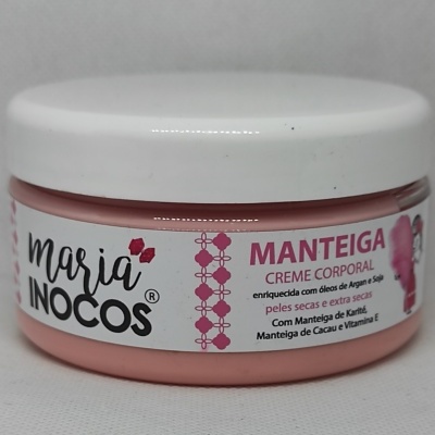 Frasco plástico rosa com tampa branca de creme corporal Maria Inocos