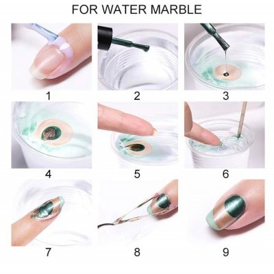 Passos para aplicar nail art técnica water marble com verniz verde metalizado e água em recipiente transparente.