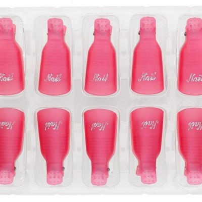 Conjunto de 10 clipes de unhas rosa com a palavra 'Nail' em branco, em bandeja plástica