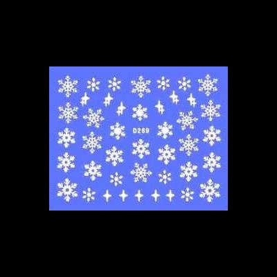 Flocos de neve brancos variados sobre fundo azul com código D289.