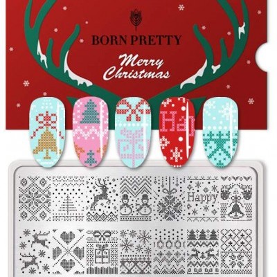 Placa de carimbos para unhas natalícios Born Pretty com unhas decoradas