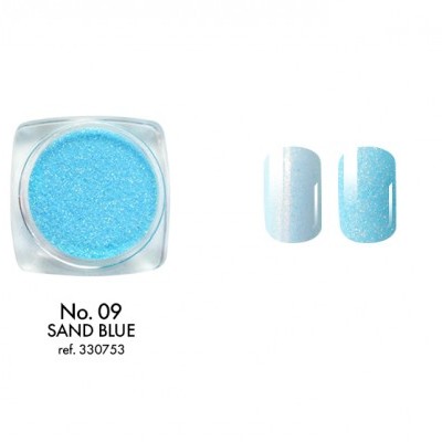 Pigmento azul claro e unhas postiças azuis com texto No. 09 SAND BLUE