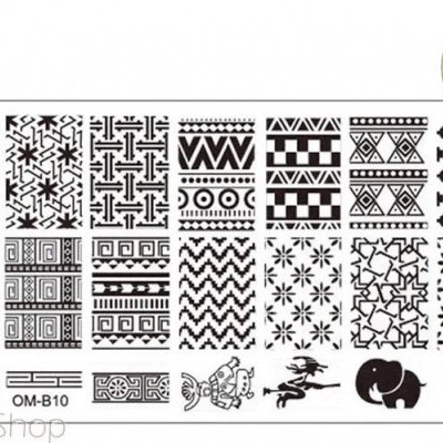 Prancha para estampagem de unhas com vários padrões geométricos pretos sobre fundo branco