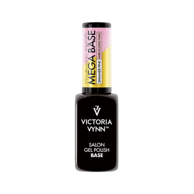 Frasco preto de verniz de unhas Victoria Vynn com rótulo rosa e amarelo