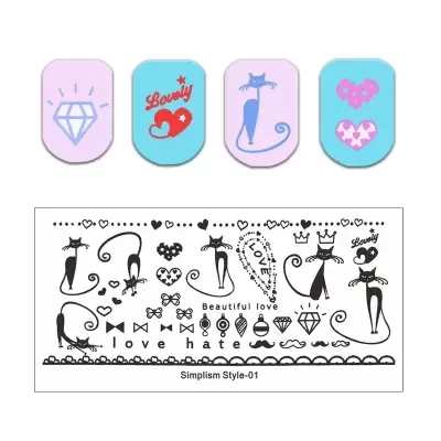 Autocolantes para unhas com desenhos de gatinhos, corações, diamante e texto Lovely