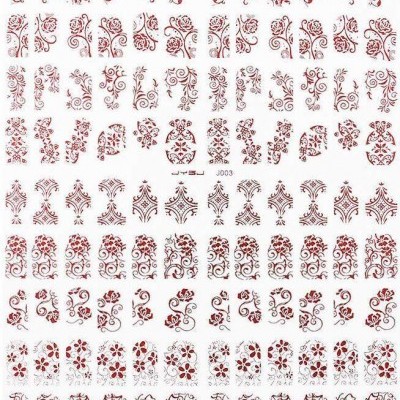 Folha de autocolantes de unhas com padrões florais e arabescos vermelhos