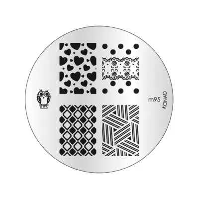 Placa metálica redonda para carimbos de unhas com quatro padrões distintos em preto