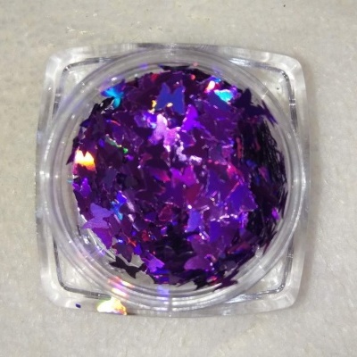 recipiente transparente com glitter holográfico roxo em forma de borboletas