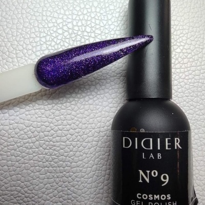 Verniz gel preto Didier Lab N°9 Cosmos com amostra roxa brilhante