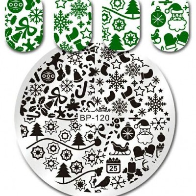 Placa de nail art redonda com motivos natalícios e unhas decoradas a verde e branco