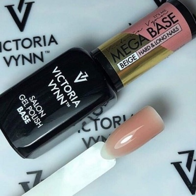Embalagens de verniz gel base Victoria Wynn e base beige MEGA BASE com unha postiça