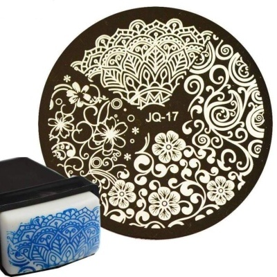 Carimbo para unhas e disco de estampagem redondo preto com padrão branco e código JQ-17