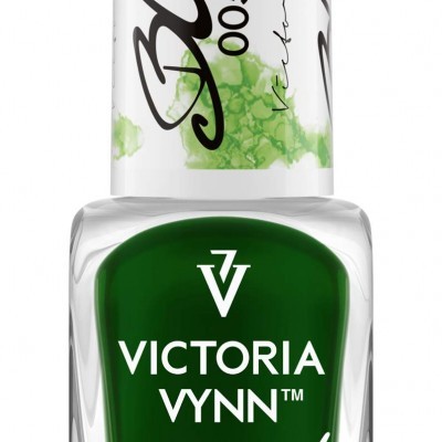 Frasco de verniz para unhas verde com tampa branca e texto