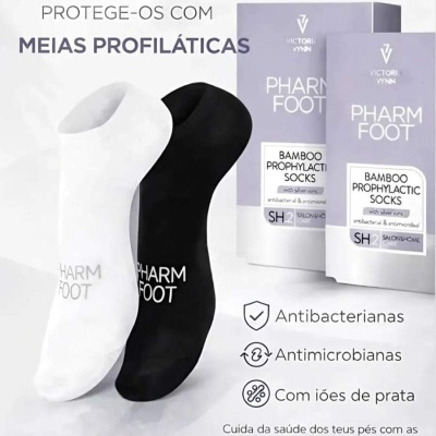 Meias profiláticas preta e branca Pharm Foot com embalagens lilás