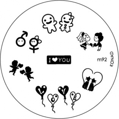 Disco de carimbos para unhas com desenhos românticos e símbolos em preto