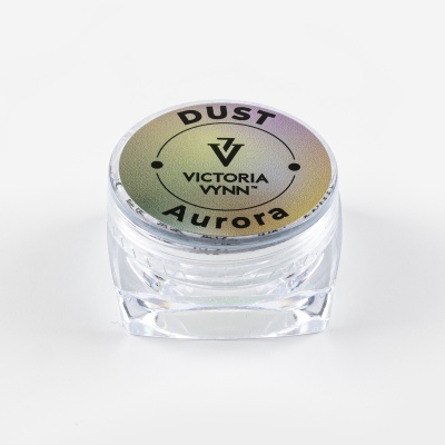 Frasco quadrado transparente com tampa prateada e texto DUST AURORA VICTORIA VYNN