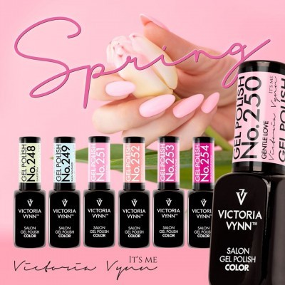 Vernizes em gel Victoria Vynn com sombra de unhas pintadas em rosa claro e texto Spring