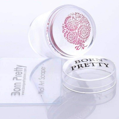 caixa transparente redonda com tampa floral e espátula de plástico transparente