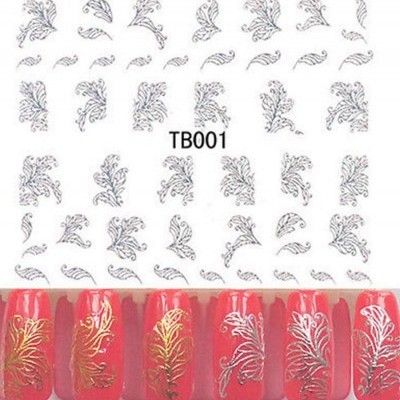 Folhas decorativas pretas e douradas para unhas sobre fundo branco com unhas vermelhas decoradas.