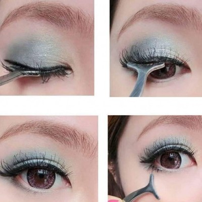 Aplicação de pestanas postiças em olhos com maquilhagem azul esverdeada usando pinças.