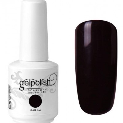 Frasco branco de verniz gel com rótulo e amostra de cor preta