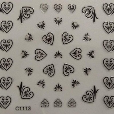 Folha de autocolantes para unhas com corações e motivos florais pretos