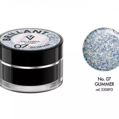 Gel brilhante Victoria Vynn 07 Glimmer em pote preto e transparente com amostra azul e prateada