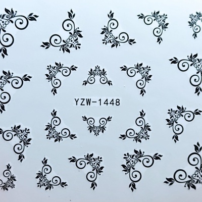Adesivos pretos para unhas com padrões florais em fundo branco e código YZW-1448