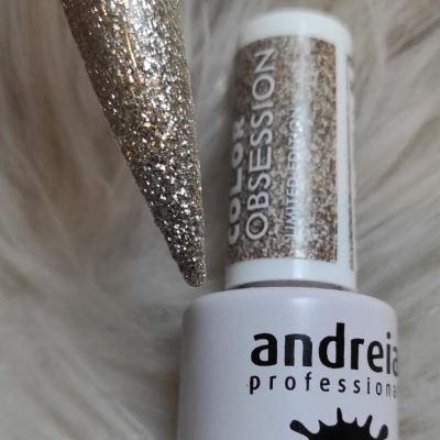 Frasco de verniz gel Andreia Professional branco com amostra de cor glitter dourada