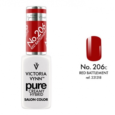 Frasco de verniz de unhas Victoria Vynn Pure Creamy Hybrid na cor vermelha nº 206C Red Battlement com amostra da cor