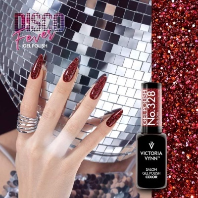 Verniz gel vermelho com purpurinas em unhas e frasco preto com texto branco e vermelho ao lado de bola espelhada prateada.