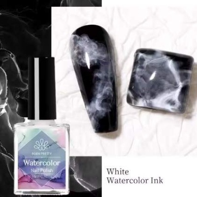 Verniz de unhas Watercolor Nail Polish da Born Pretty e amostras decorativas preto com efeito aquarela branco