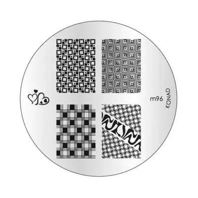 Prato branco redondo com padrões geométricos para carimbos de unhas.